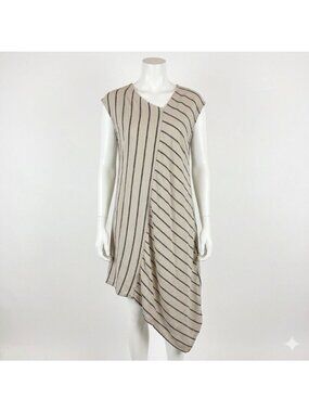 Tahari Striped Linen Asymmetric Shift Dress Womens M Beige Coastal Minimalist
